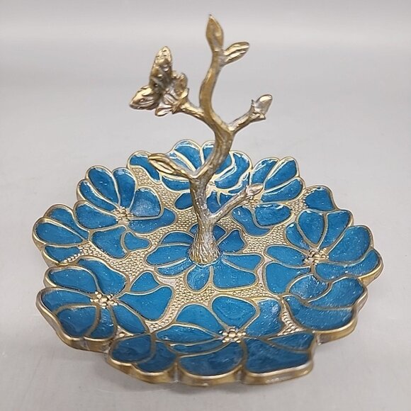 Cynthia Rowley Metal Flower Enamel Trinket Dish Blue Rose Butterfly Leaves - Picture 1 of 4